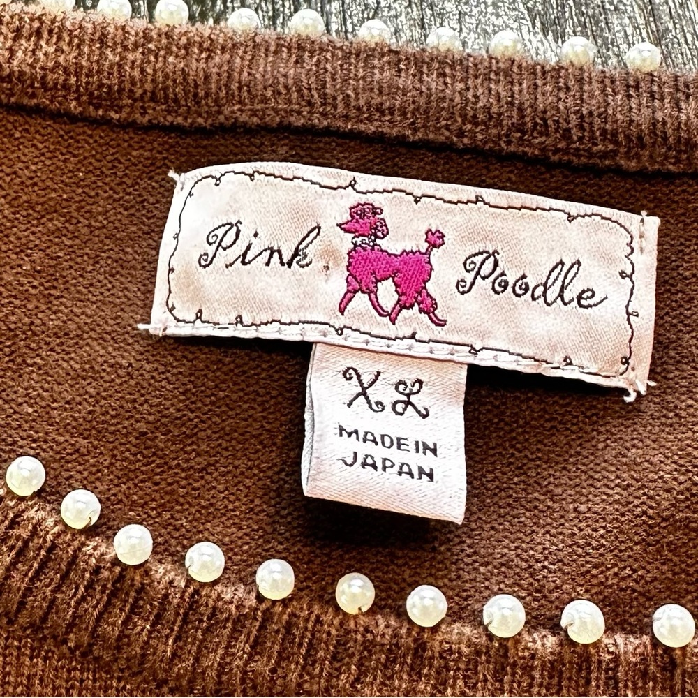 Vintage Pink Poodle Large Brown Long Sleeve Shirt Pearls Retro Grandma Chic